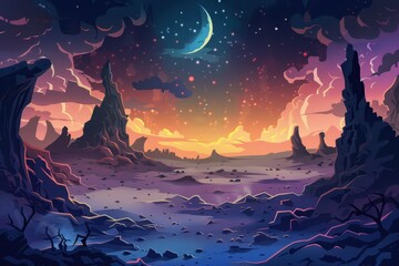 Mystical desert landscape with rock formations under starry night sky