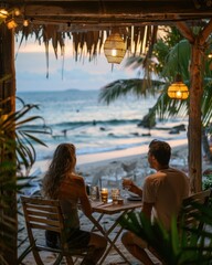 A couple enjoys drinks and the ocean view at an outdoor restaurant. AI.