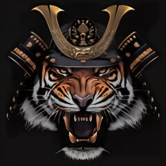 Obraz premium A closeup of a tiger wearing a traditional Japanese samurai helmet its mouth open in a ferocious growl