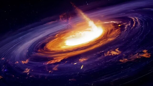 Extreme close-up: Swirling fiery vortex intensifies against dark backdrop. Zooming out reveals cosmic inferno, stars and galaxies in cataclysmic dance of creation and destruction.	
