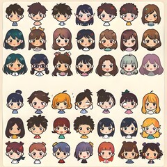 A collection of cartoon characters with varying hairstyles and facial expressions