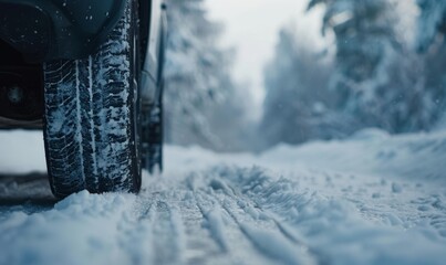 Winter Driving Safety: Abstract 4K Wallpaper of Car Tires on Snowy Roads. AI-Generated Visualization of Outdoor Travel Challenges, Holiday Road Trips, and Weather-Impacted Journeys. Emphasizing Cautio