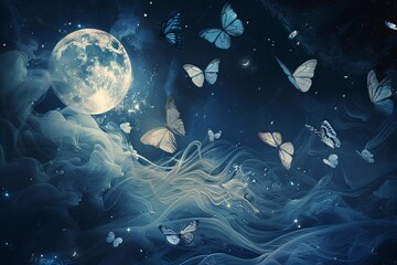 Fototapeta premium A surreal composition of butterflies flying amidst stars and a full moon in a cosmic sky