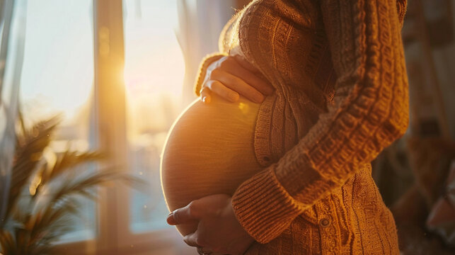 pregnant woman's belly with a focus on another woman's hand gently resting on it, symbolizing support, care, and the bond between friends or family during pregnancy