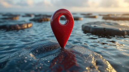 3d cartoon red location pin icon with ocean inside, white background.