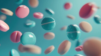 Close-up of colorful pills floating in mid-air