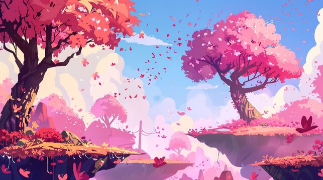 Pink forest game background with floating platforms depicted in a cartoon illustration. Features sakura trees with colorful petals and pieces of land flying in a fantasy garden1de