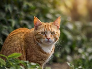 Fototapeta premium orange cat with blur background, orange cat is sitting and looking