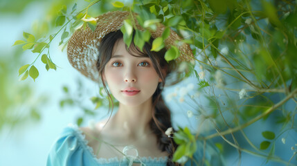 Cute Japanese woman wearing a straw hat and blue dress, looking at the camera, with a white background and green leaves, in soft natural light, portrait photography, with a shallow depth of field. 