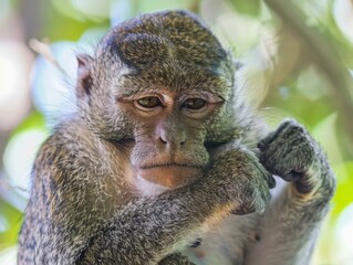 Obraz premium A monkey sits and contemplates. AI.