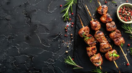 Grilled meat skewers with seasonings on black stone surface From above with space for text