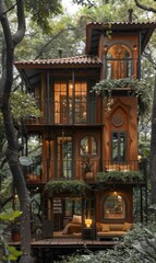 A cozy treehouse nestled in the woods. AI.