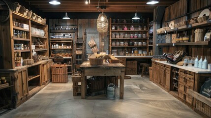Obraz premium Rustic Store Interior with Wooden Shelves and Vintage Decor