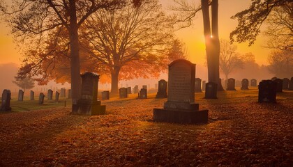 Photograph of a peaceful graveyard at sunrise with autumn leaves and warm light, perfect for themes of remembrance and tranquility. This serene scene captures the beauty of a quiet morning.