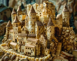 Fototapeta premium A detailed miniature castle made of cheese and bread. AI.