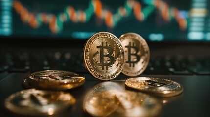 Golden Bitcoin coins lay on a keyboard with a stock market chart displayed on a computer screen in the background