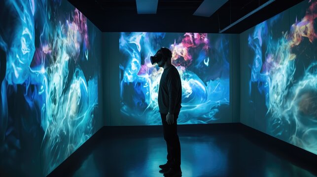 A man wearing a virtual reality headset stands in a darkened room, surrounded by projections of swirling colors and abstract shapes