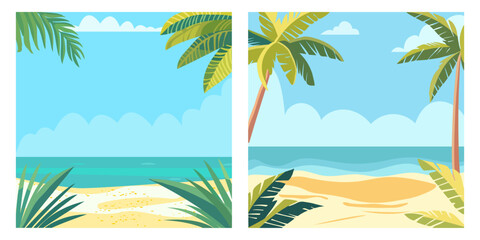 Tropical beach frame background with leaf plant. Summer landscape. Sandy beach under the bright sun.