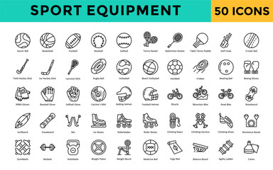 Sport equipment icon set with soccer ball, basketball, football, baseball, softball, tennis racket, badminton racket, table tennis paddle, golf clubs, cricket ball icon. Simple line vector 
