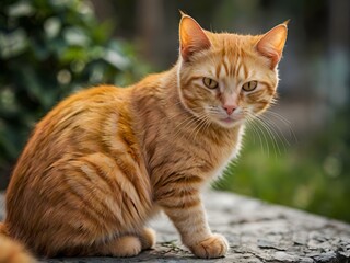 orange cat with blur background, orange cat is sitting and looking