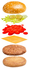 Set of hamburgers Split hamburger, bread, meat, cheese, vegetables, sauce on white background PNG File.