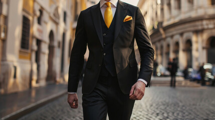 Obraz premium Roman Rhapsody: Man in Black & Yellow Walks a Historic Path