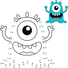 Dot to Dot Cute Monster Coloring Page. Halloween Worksheet for Kids