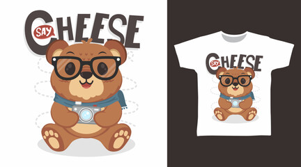 Fototapeta premium Cute Bear with Camera Vector Illustration T shirt Designs