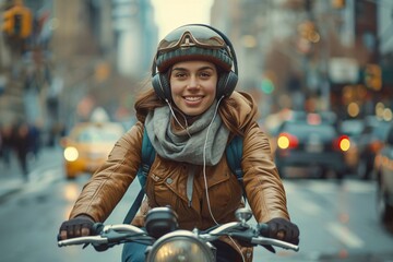 Happy Woman Riding Bicycle in City