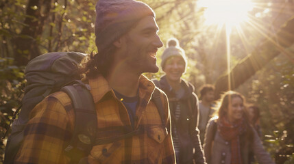 Fototapeta premium Group of friends hiking through a sunlit forest, smiling and enjoying nature, vibrant and adventurous atmosphere