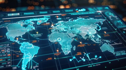 Fototapeta premium interactive digital map of worldwide financial regulations affecting a corporationa??s treasury operations, highlighted with markers and annotations