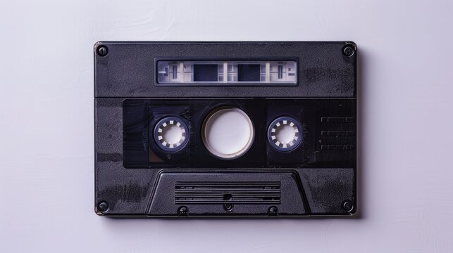 Vintage cassette tape with blank playlist on white background top view nostalgic theme