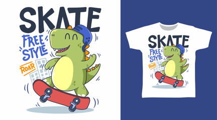 Cute Dinosaur with Skateboard Vector Illustration T shirt Designs