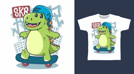 Cute Dinosaur Play Skateboard Vector Illustration T shirt Designs