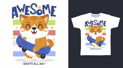 Kitten Play Skateboard Vector Illustration T shirt Designs