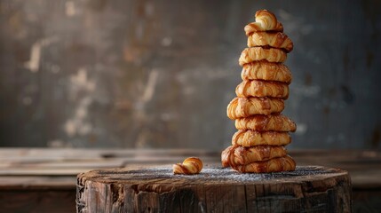 Croissants stacked in a spiral tower on a rustic wooden table