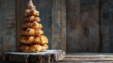 Croissants stacked in a spiral tower on a rustic wooden table