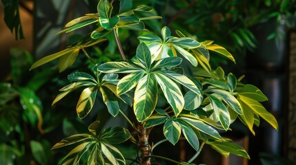Fototapeta premium Indoor botanical display of variegated Schefflera arboricola (Umbrella tree) with yellow and green leaves.