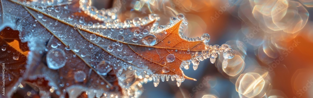 Poster a single autumn leaf is covered in dewdrops, glistening in the morning sun. the light shines through