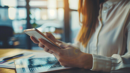 businesswoman's hand using a mobile smartphone, highlighting modern communication and technology's role in professional life and productivity