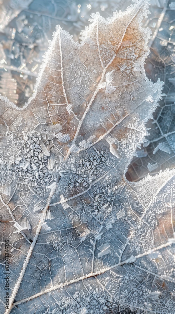 Poster A close-up view of a leaf covered in frost, showcasing the intricate patterns of the ice crystals and the delicate veins of the leaf. The frosty texture and the pale colors create a sense of cold and 