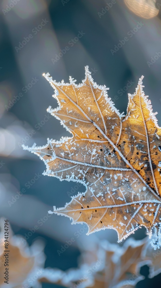 Poster A single maple leaf, covered in frost, hangs on a branch against a blurred blue background. The delicate patterns of the frost highlight the leaf's intricate veins, making it appear as if it's been de