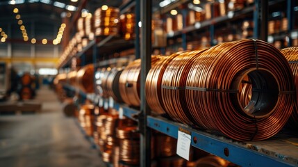 Stacked Copper Wire Coils in Storage. Copper wire coils neatly stacked on shelves in an industrial storage area, showcasing the organized inventory.