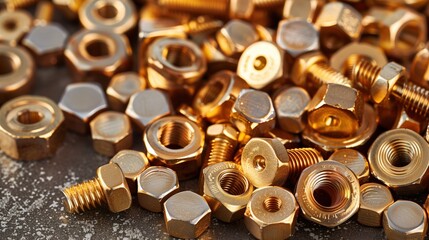 Copper Hardware Components. Assorted copper hardware components including nuts and bolts, showcasing their industrial use and shiny appearance.