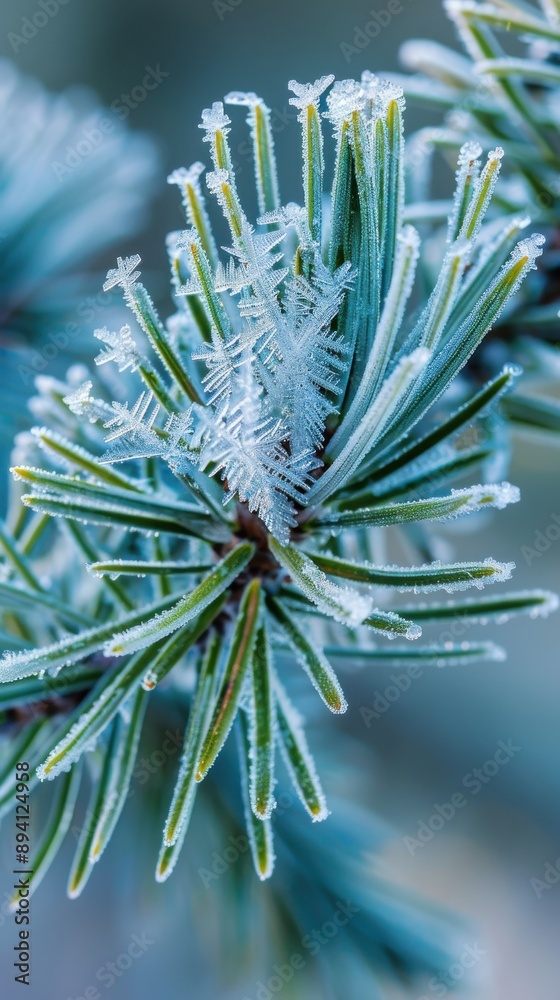 Poster A close-up image of pine needles frosted with ice crystals on a cold winter day. The needles are green and the ice crystals are a bright white, creating a stark contrast. The background is blurred, gi