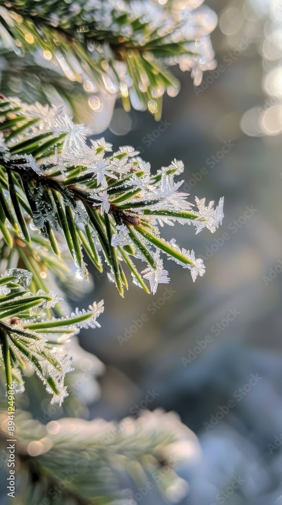Aufkleber A single branch of a pine tree is covered in frost, with the sunlight shining through the needles. The image is focused on the intricate details of the frost crystals and the green needles.