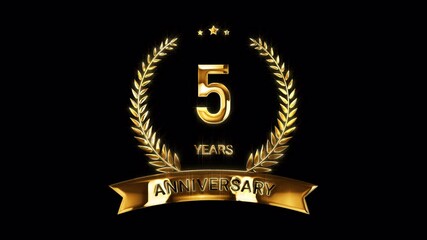 5th Anniversary Celebration. Happy 5 Years Anniversary Animation in Gold Color on the Transparent Background, Alpha Channel. Great for greetings, celebrations, events, and gifts.