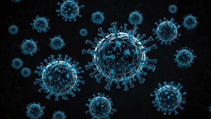 small single floating blue virus concept image in blac background