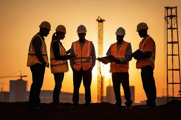 Construction workers silhouetted against setting sun