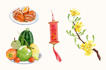 Watercolor Tet food and decoration elements collection